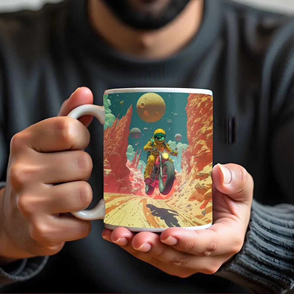 Astronaut Riding Motorcycle Alien Desert Space – Mugs