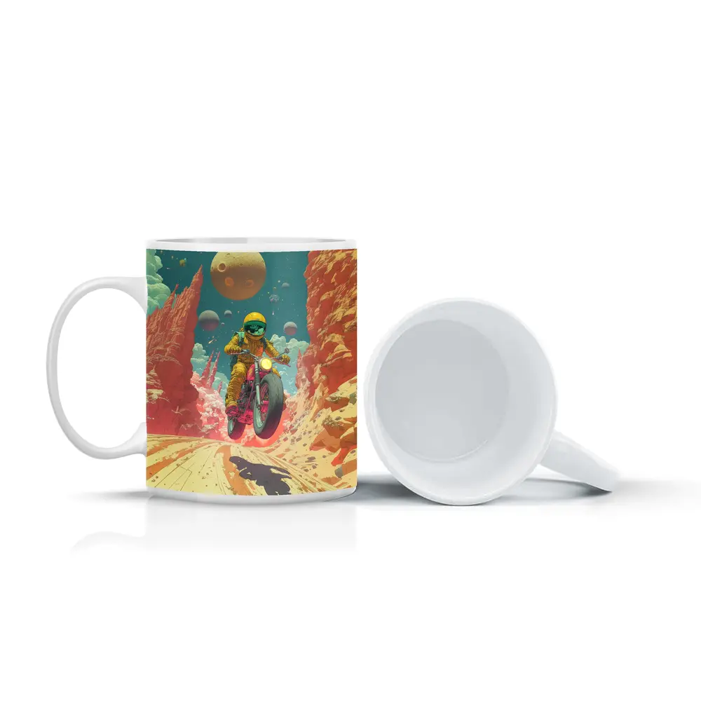 Astronaut Riding Motorcycle Alien Desert Space – Mugs