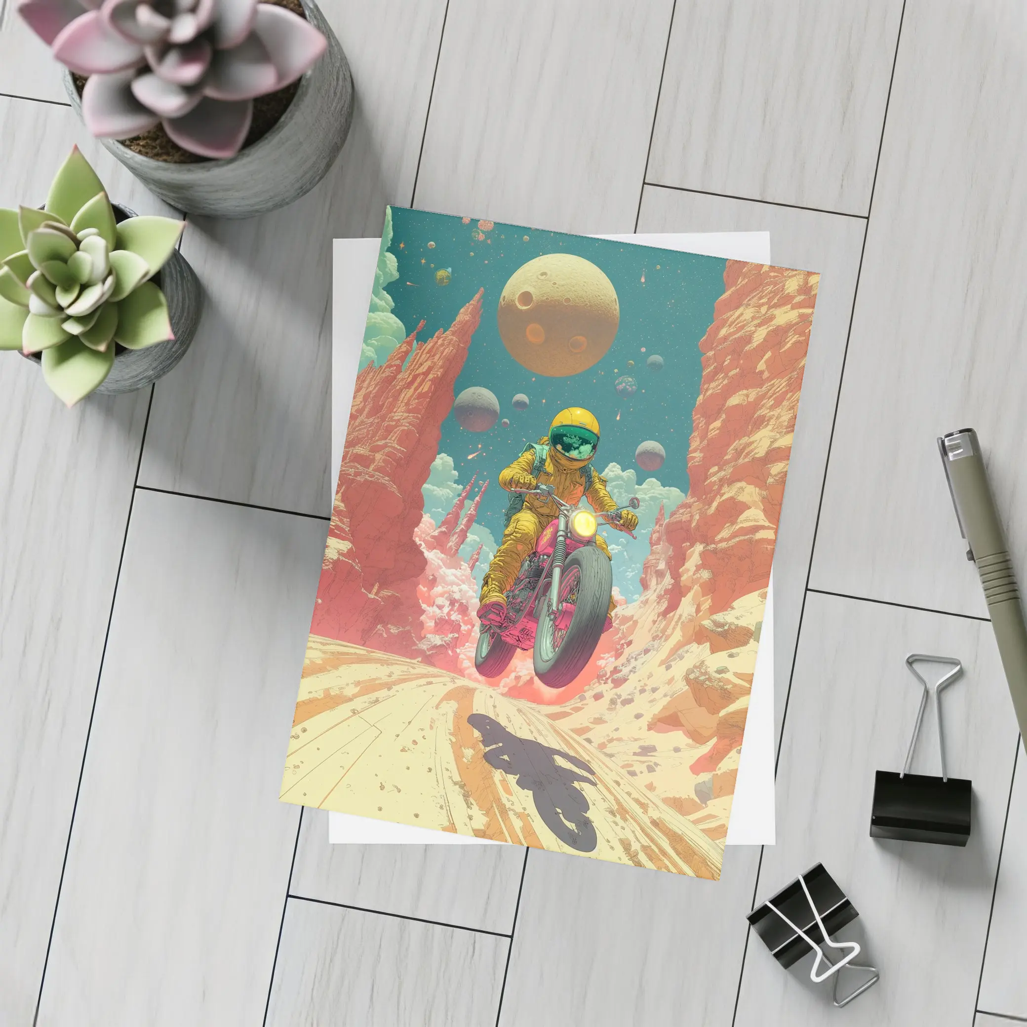 Astronaut Riding Motorcycle Alien Desert Space – Postcards