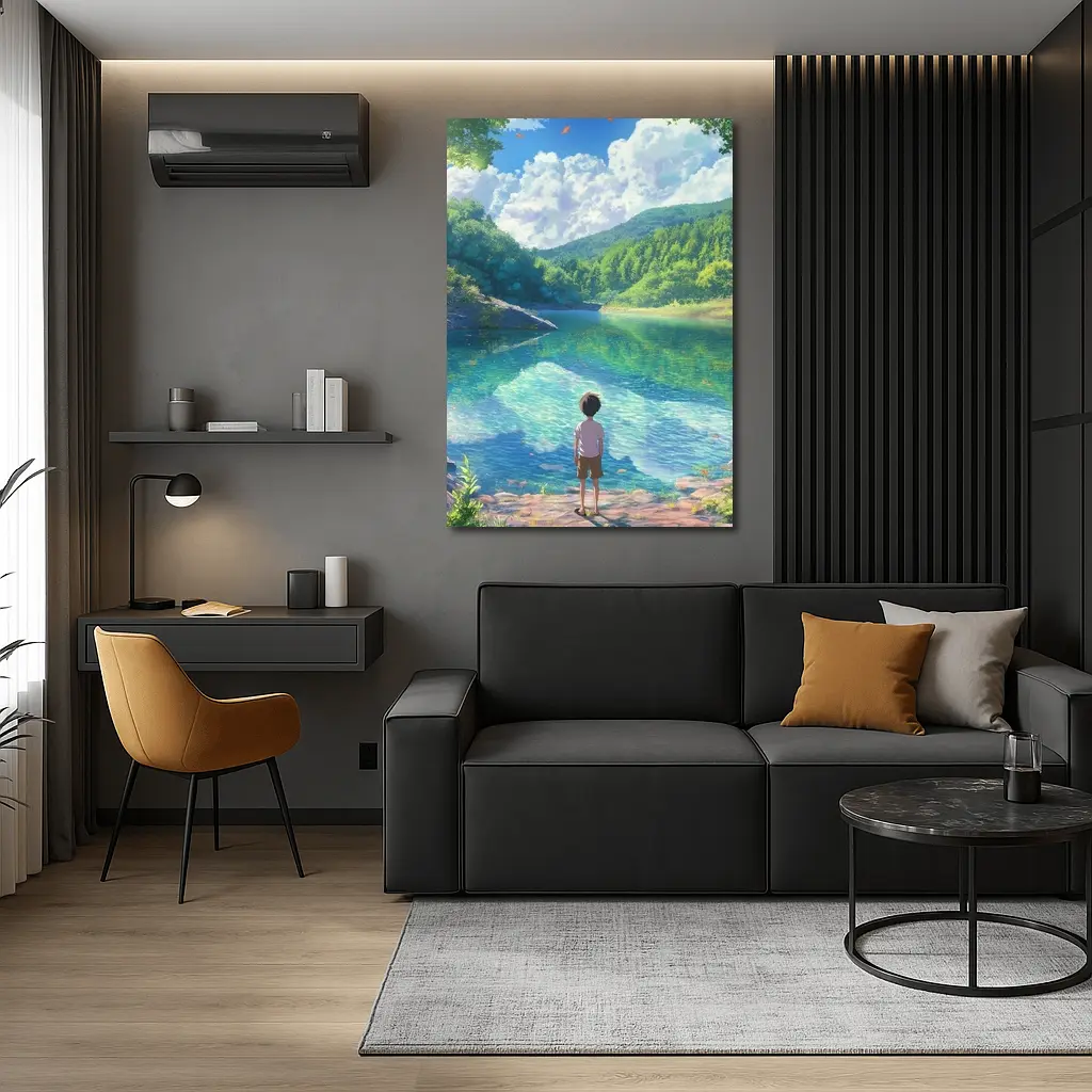 Anime Boy Standing By Serene Forest Lake – Wall Art