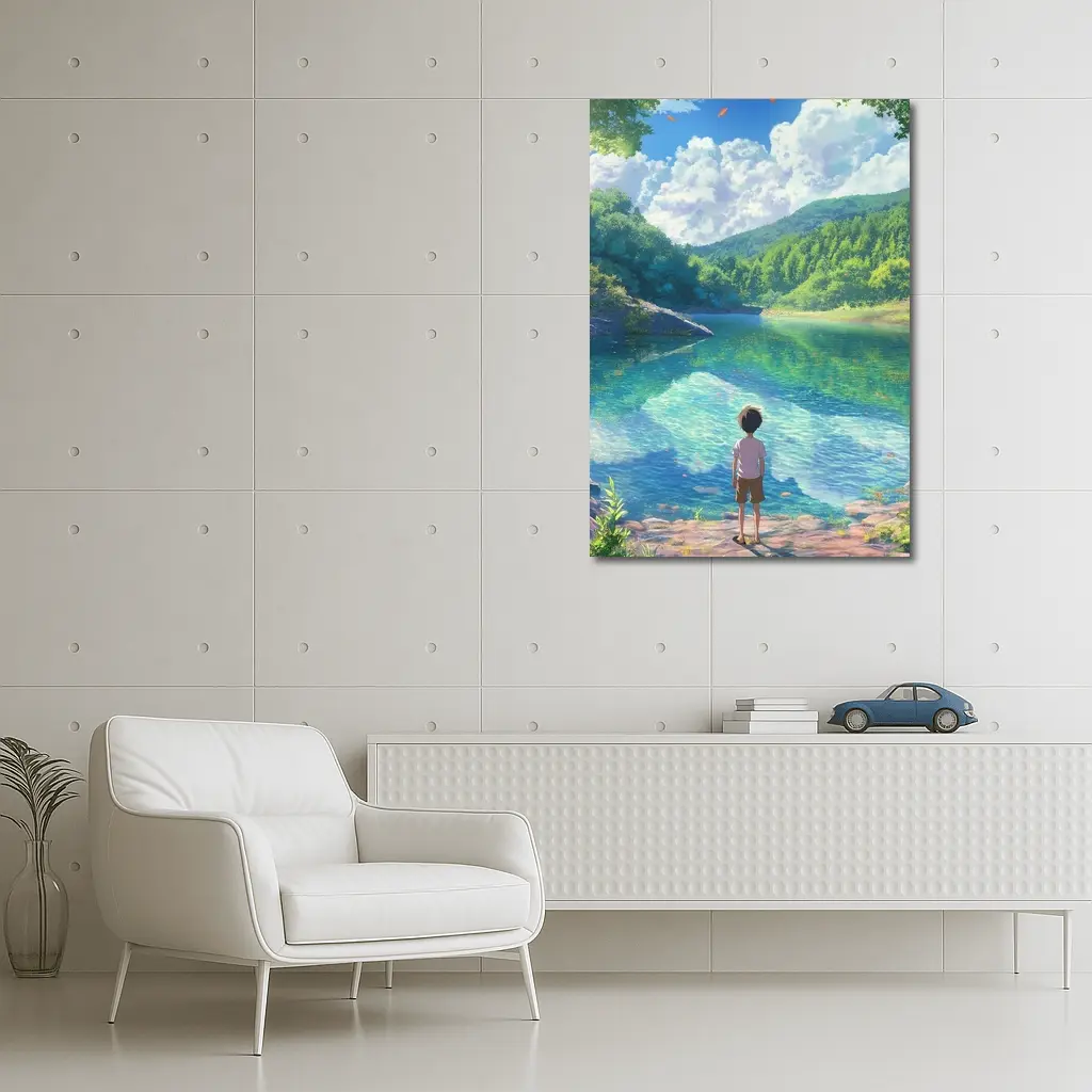 Anime Boy Standing By Serene Forest Lake – Wall Art