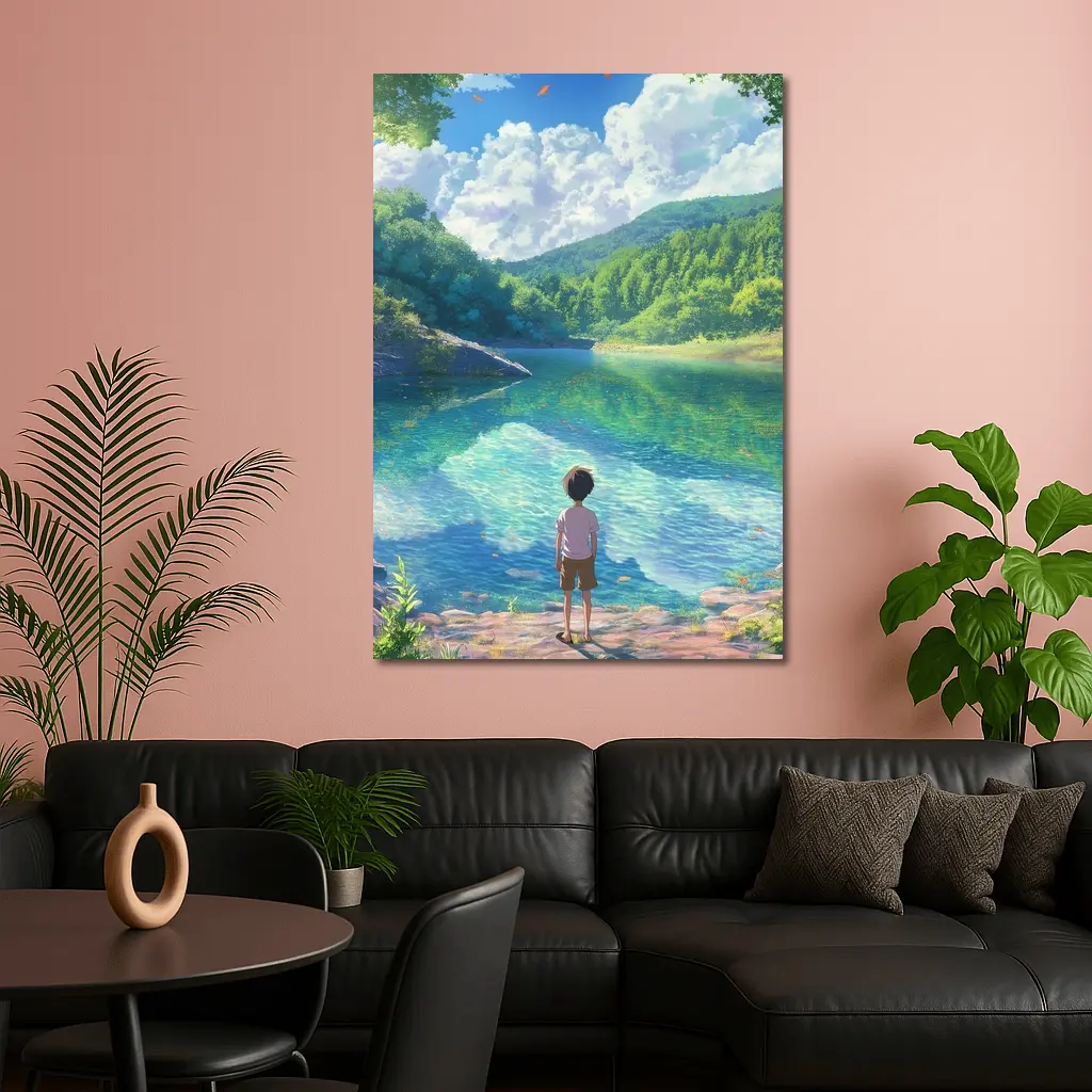 Anime Boy Standing By Serene Forest Lake – Wall Art