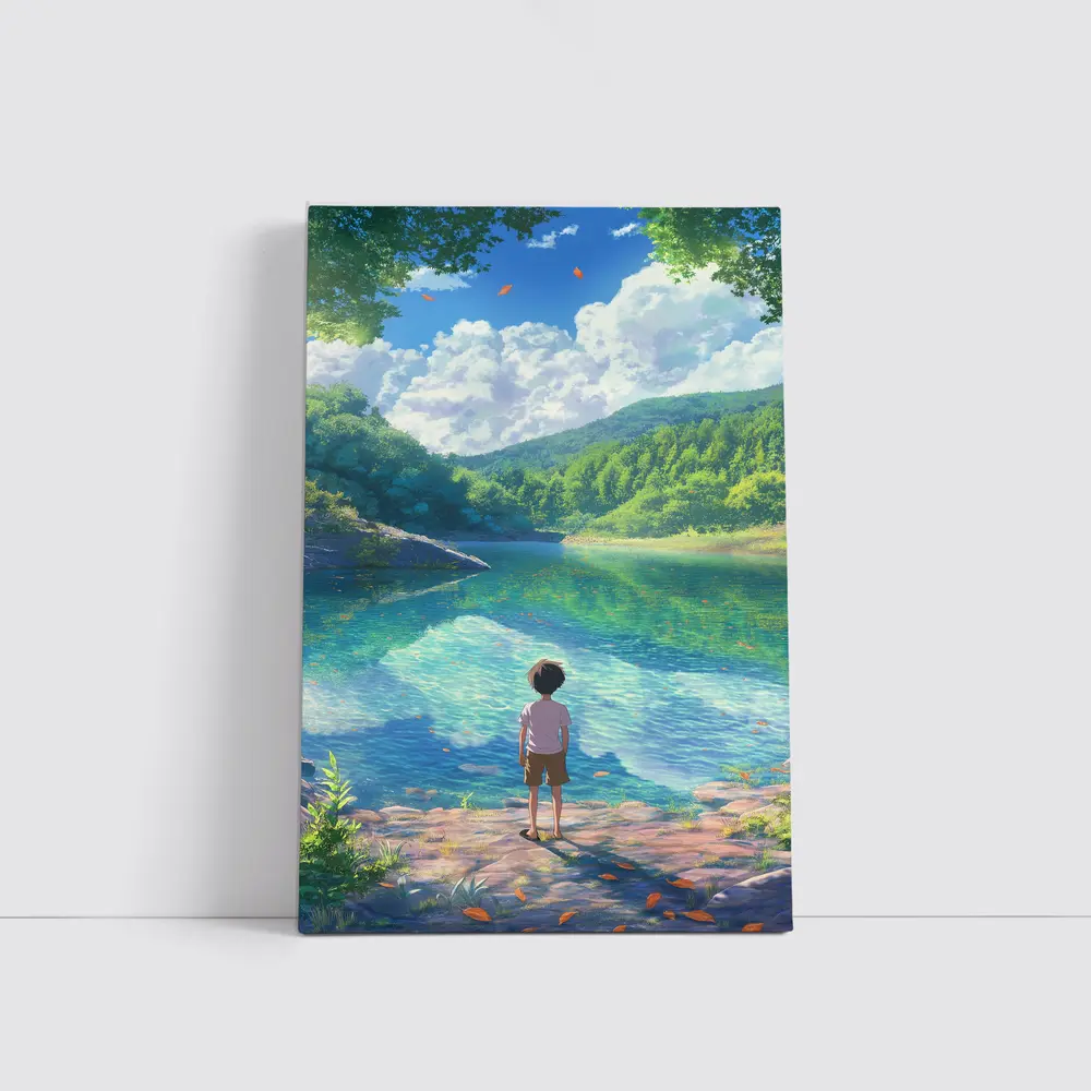 Anime Boy Standing By Serene Forest Lake – Wall Art