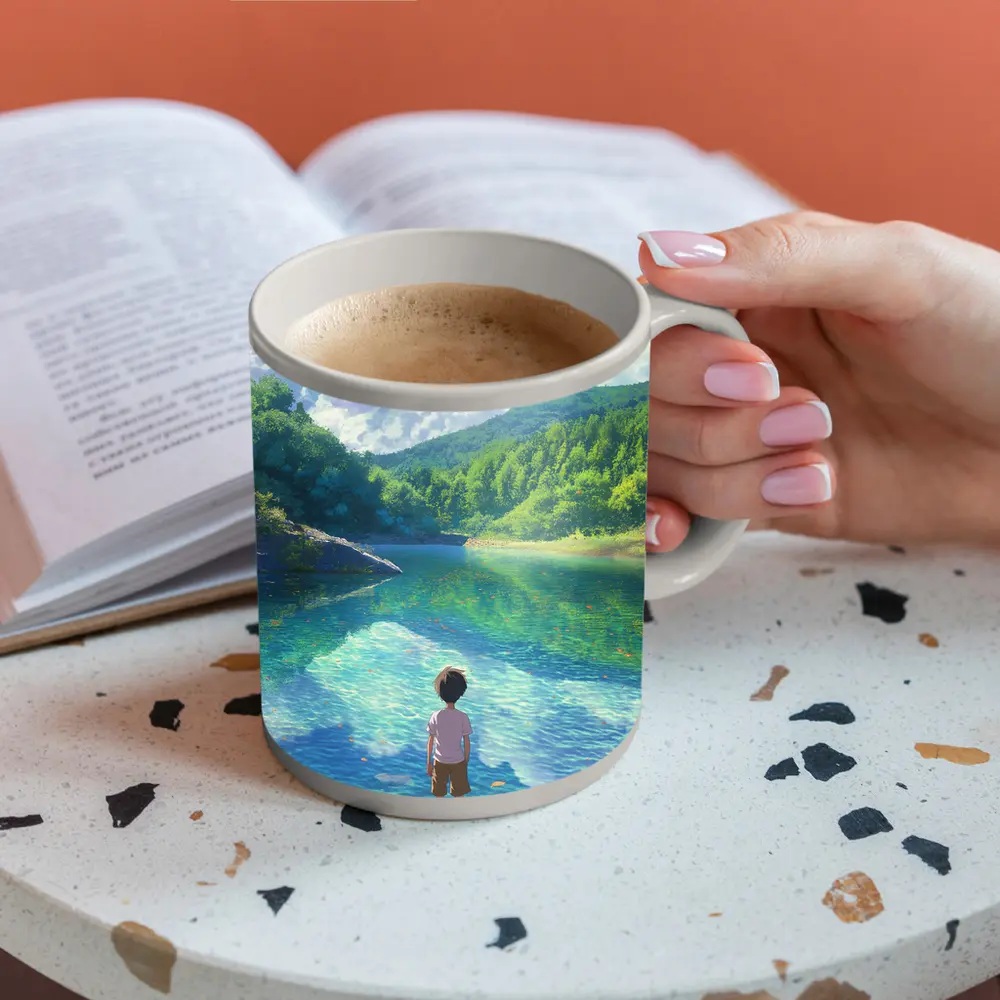 Anime Boy Standing By Serene Forest Lake – Mugs