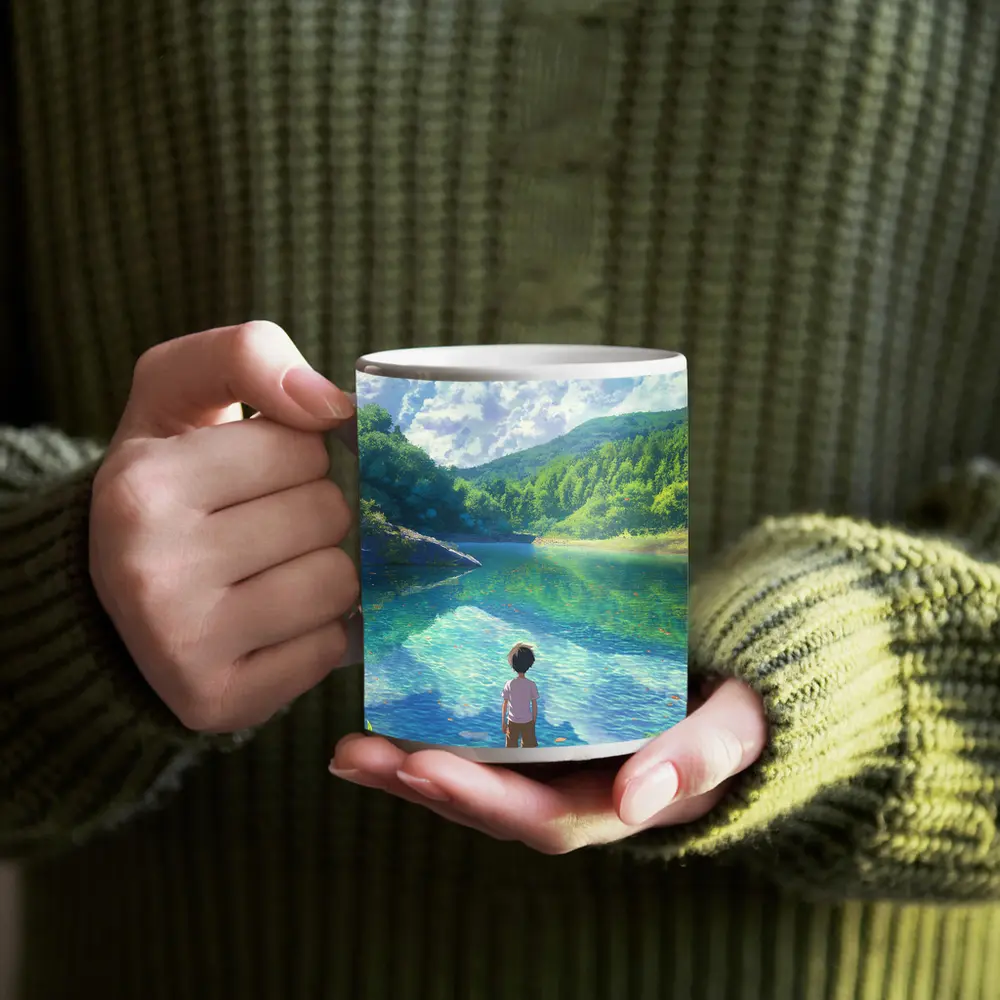 Anime Boy Standing By Serene Forest Lake – Mugs