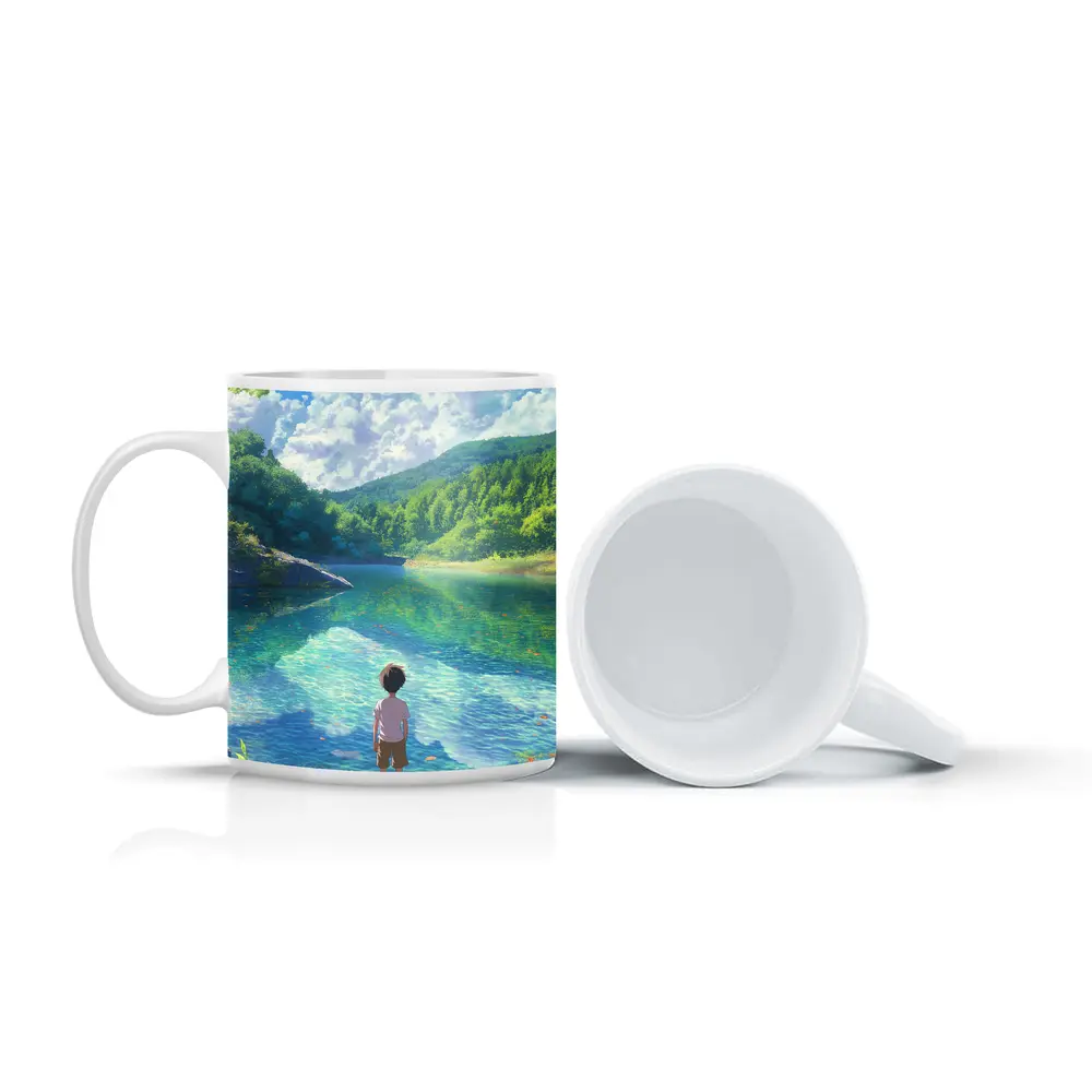 Anime Boy Standing By Serene Forest Lake – Mugs