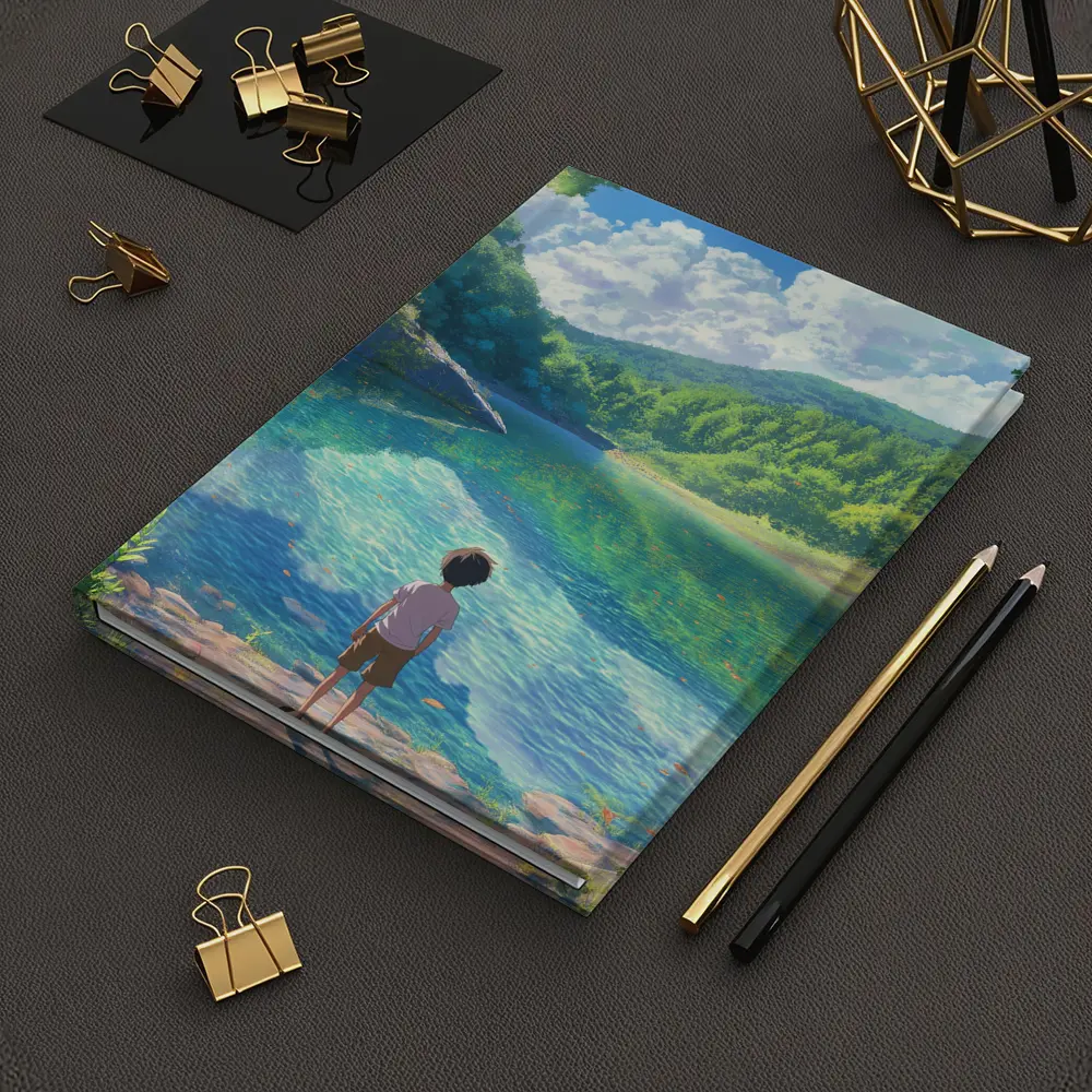 Anime Boy Standing By Serene Forest Lake – Notebooks