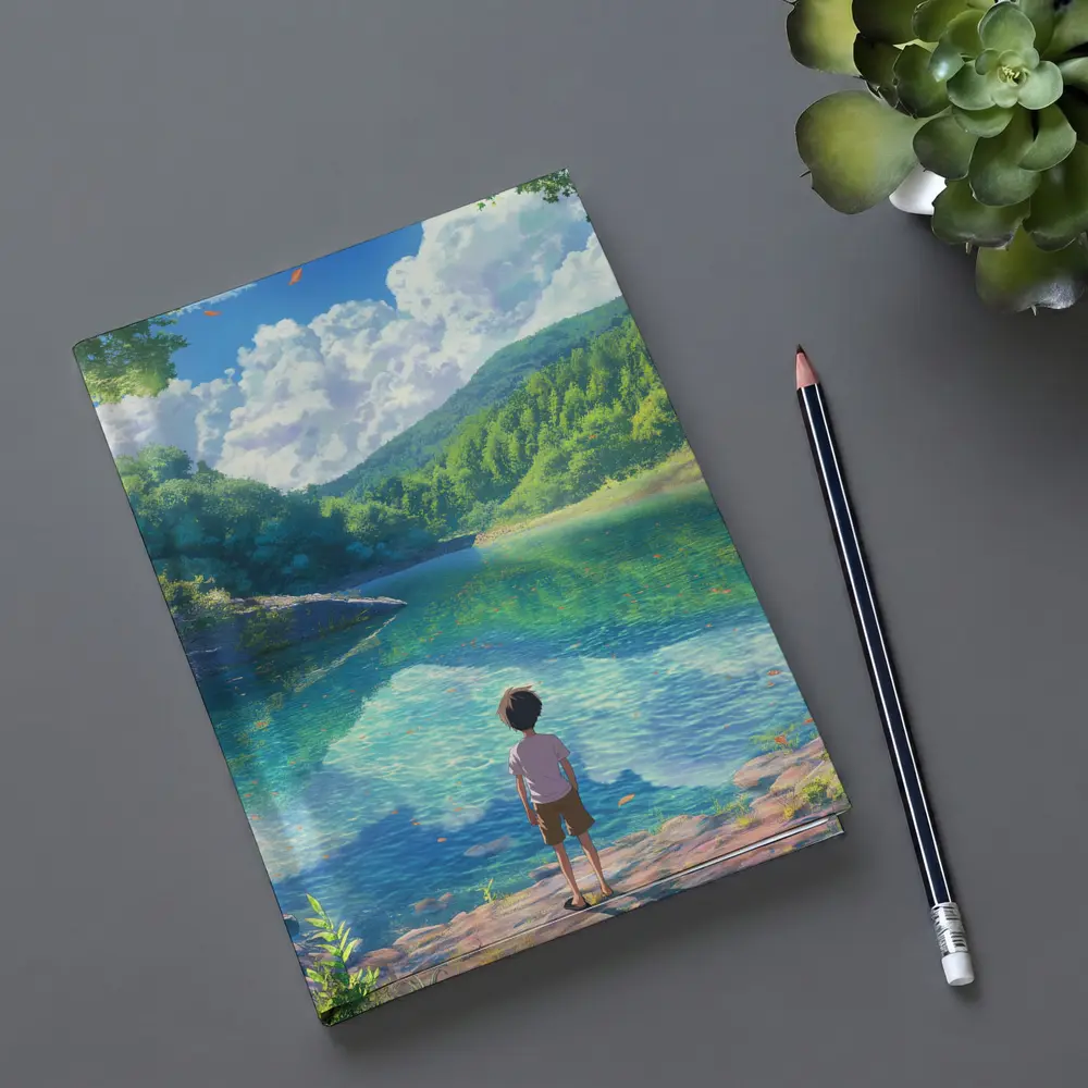 Anime Boy Standing By Serene Forest Lake – Notebooks
