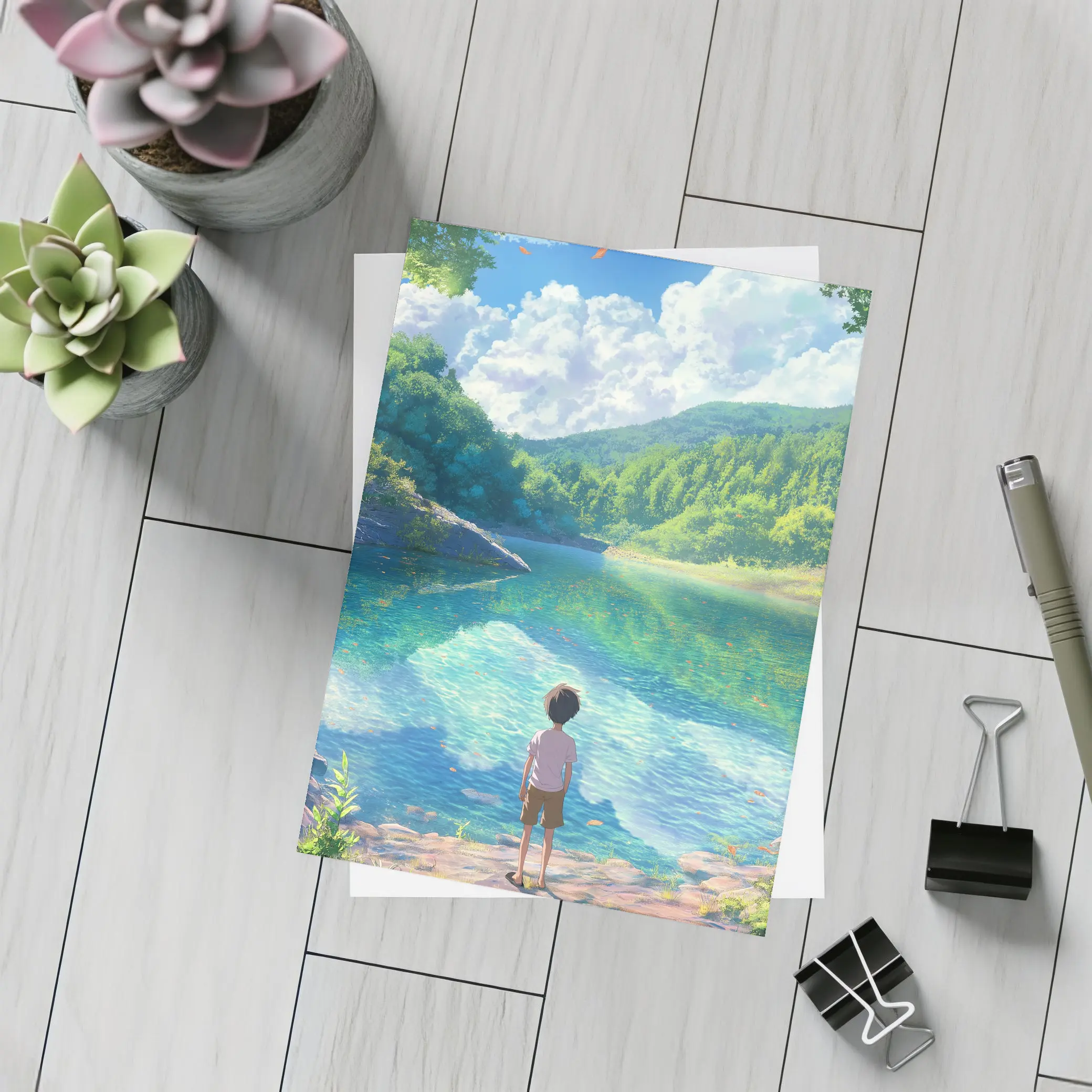 Anime Boy Standing By Serene Forest Lake – Postcards