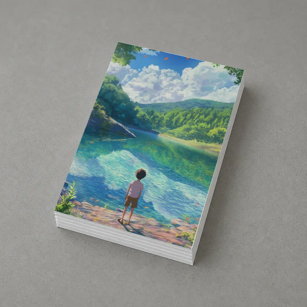Anime Boy Standing By Serene Forest Lake – Postcards