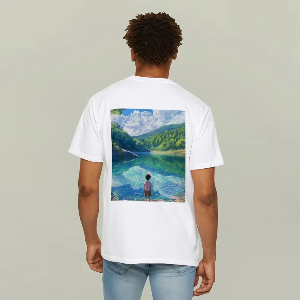 Anime Boy Standing By Serene Forest Lake – T-Shirts
