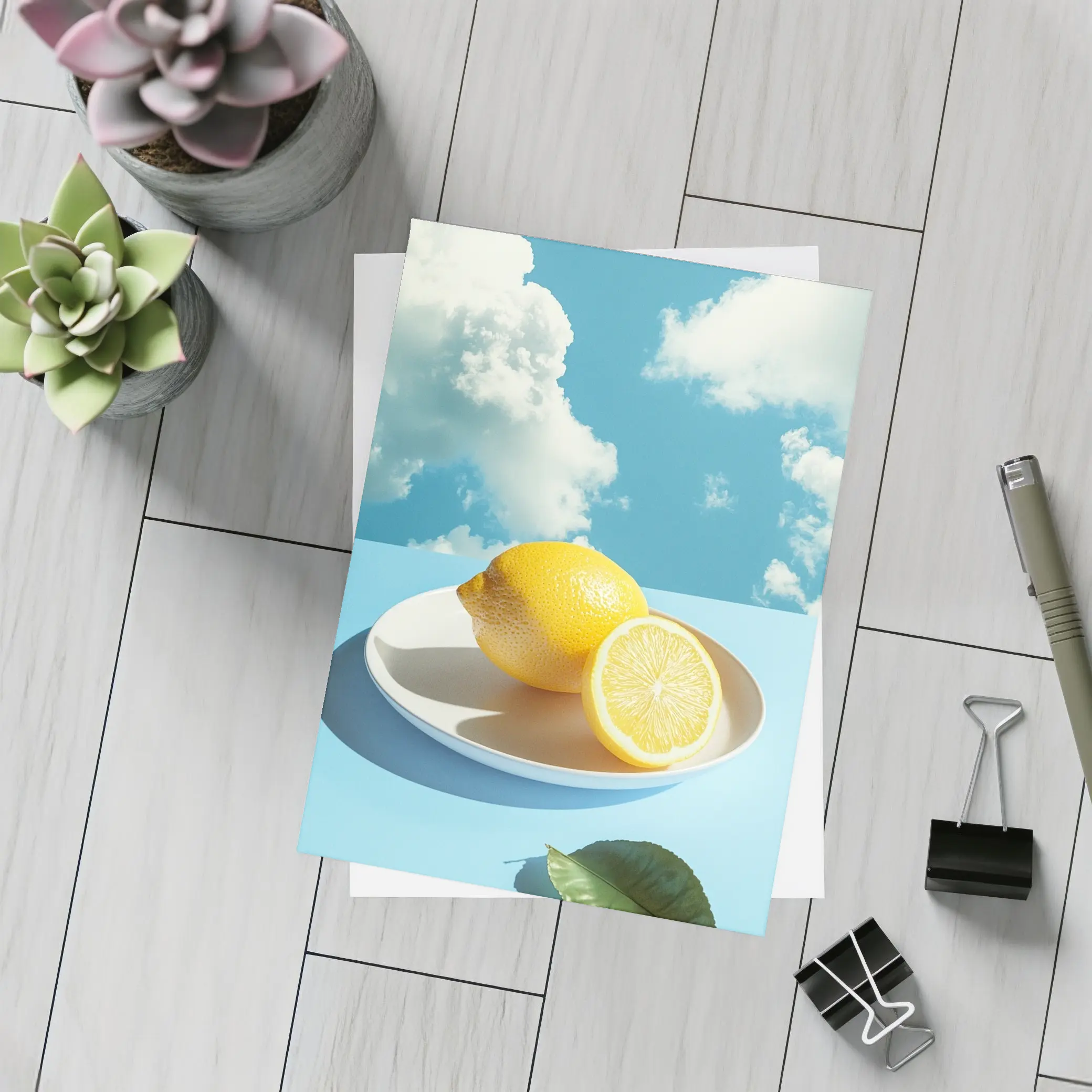Fresh Lemons On Plate Blue Sky – Postcards
