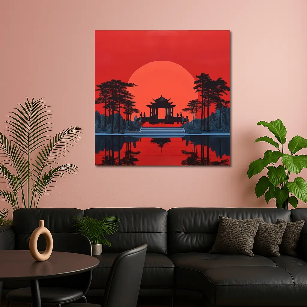Chinese Pagoda Red Sun Reflection Art – Wall Art