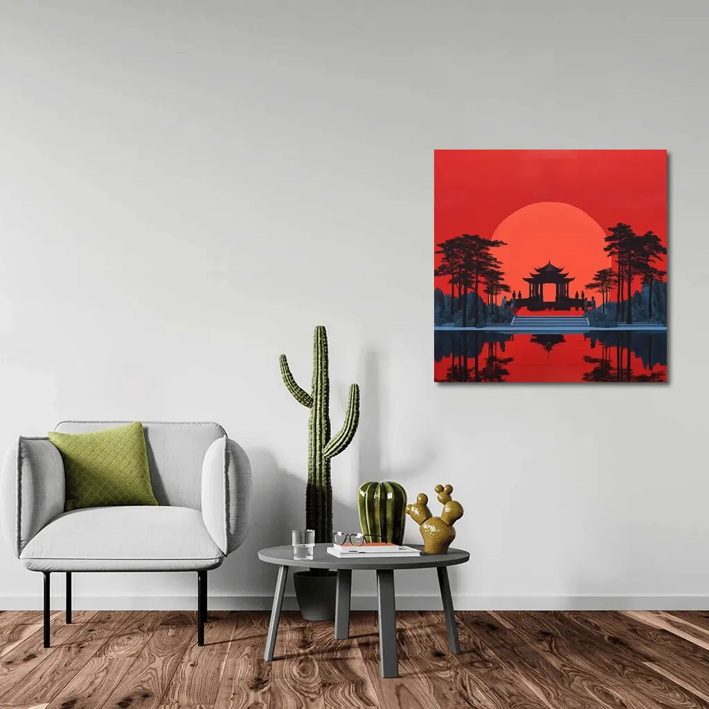 Chinese Pagoda Red Sun Reflection Art – Wall Art