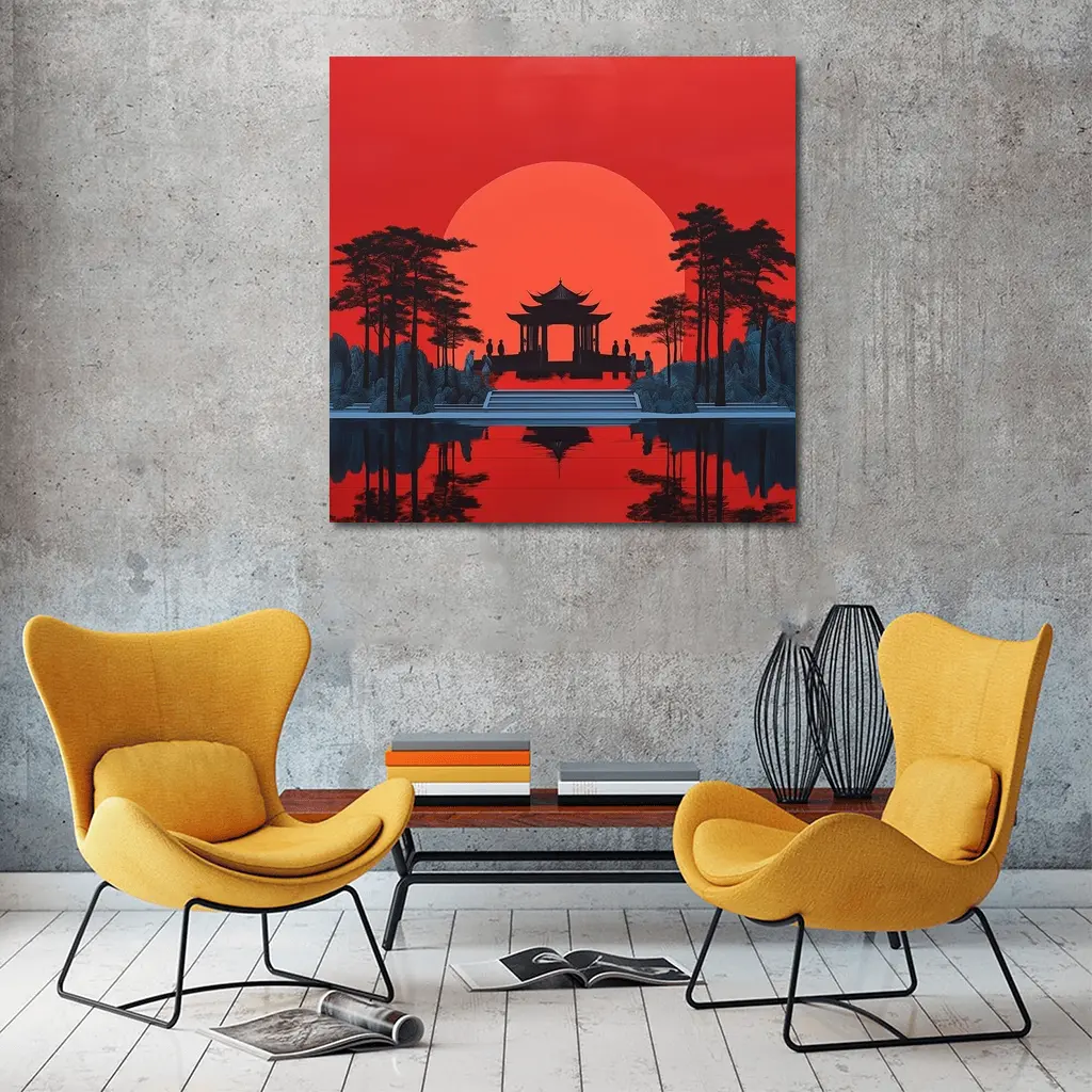 Chinese Pagoda Red Sun Reflection Art – Wall Art