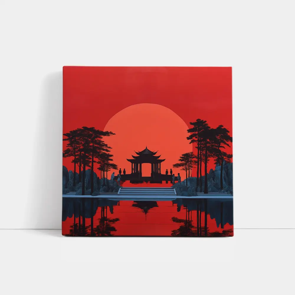 Chinese Pagoda Red Sun Reflection Art – Wall Art