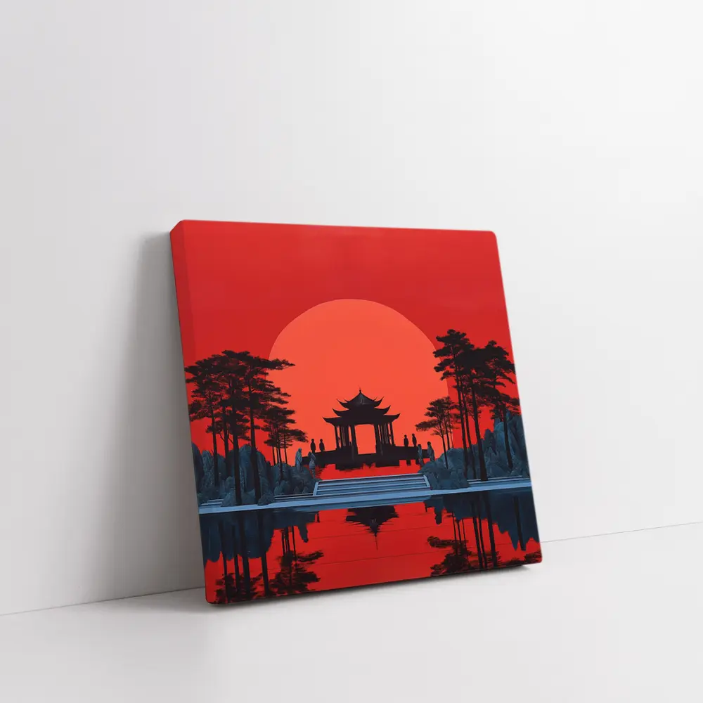 Chinese Pagoda Red Sun Reflection Art – Wall Art
