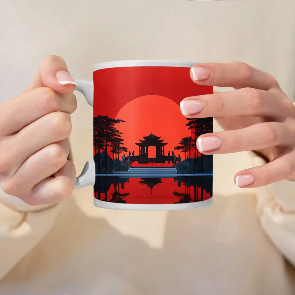 Chinese Pagoda Red Sun Reflection Art – Mugs