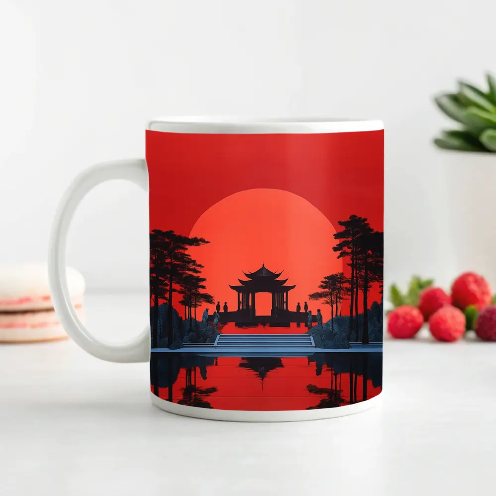 Chinese Pagoda Red Sun Reflection Art – Mugs