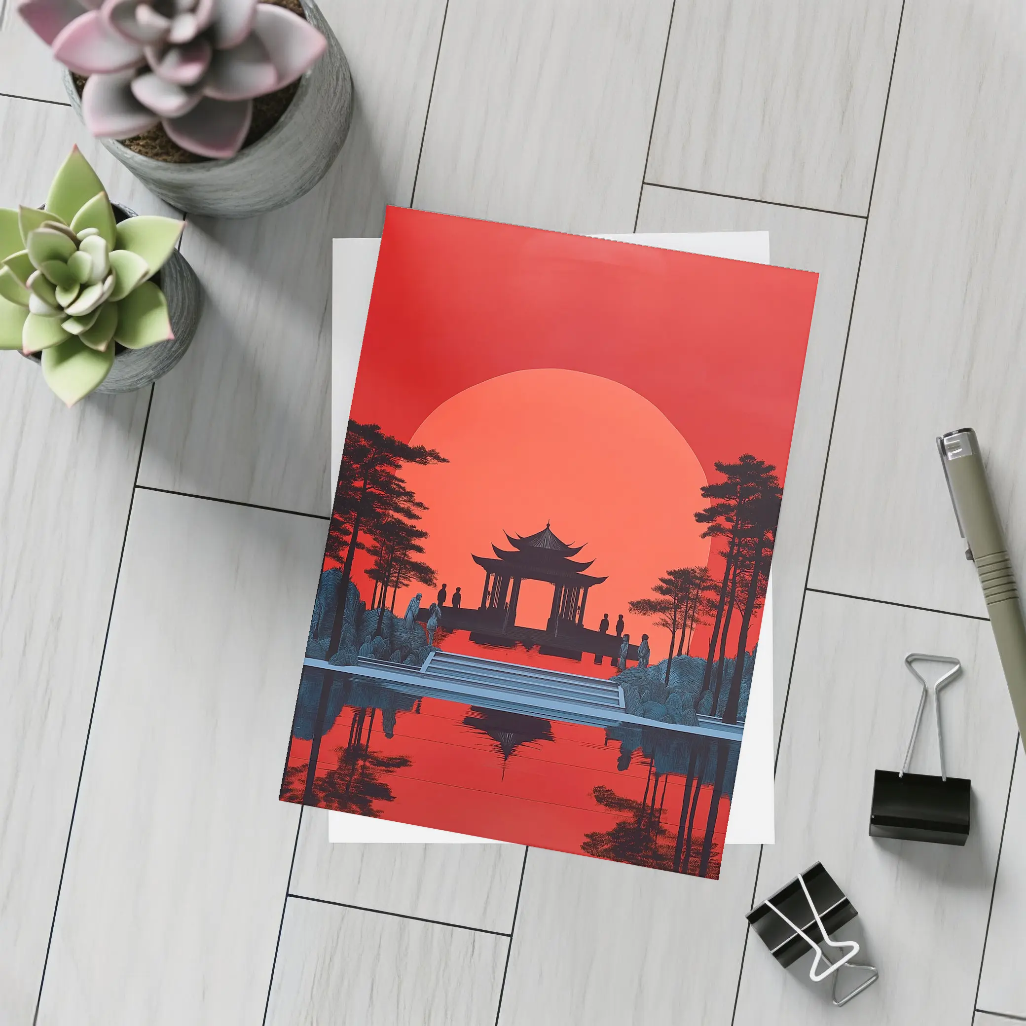 Chinese Pagoda Red Sun Reflection Art – Postcards