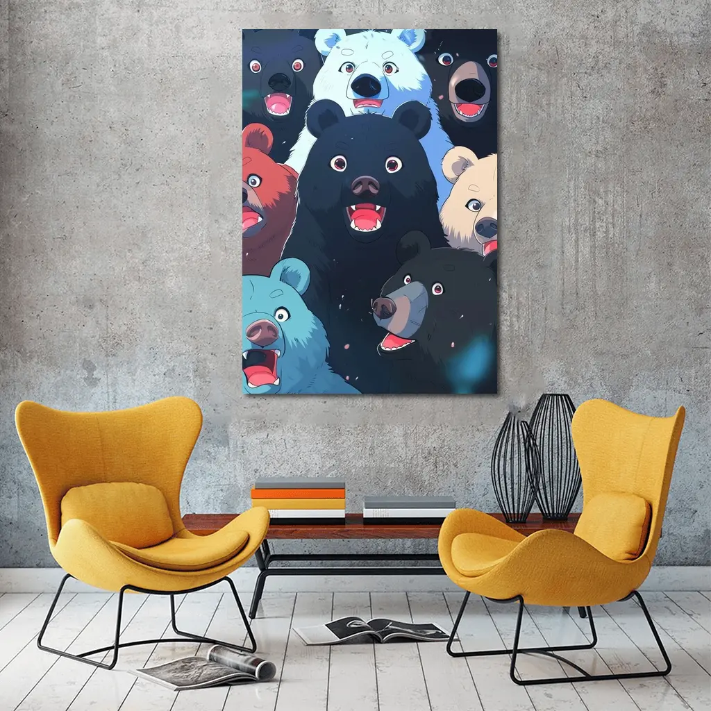 Anime Bears Crowd Dark Background Art – Wall Art
