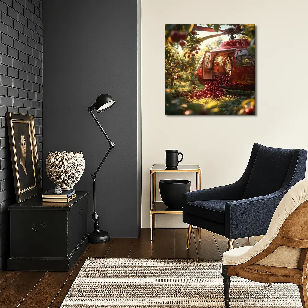 Red Helicopter Overflowing With Cherries Orchard – Wall Art