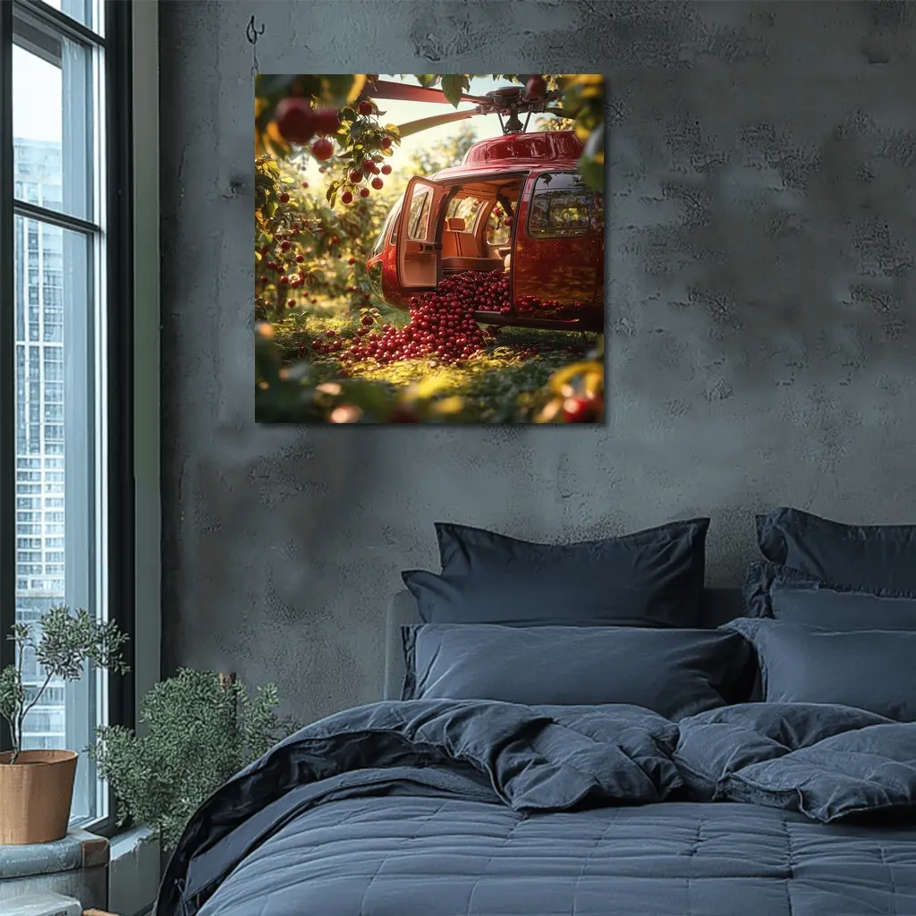 Red Helicopter Overflowing With Cherries Orchard – Wall Art