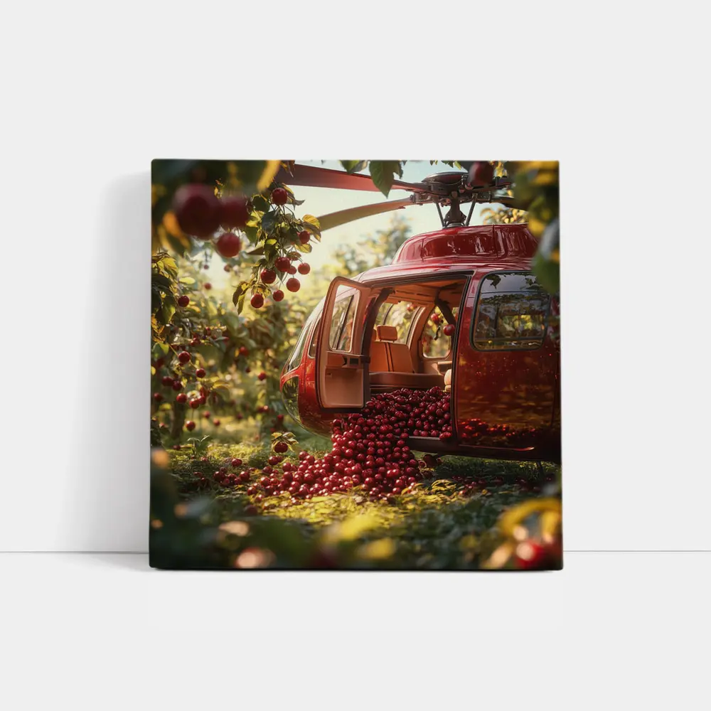 Red Helicopter Overflowing With Cherries Orchard – Wall Art
