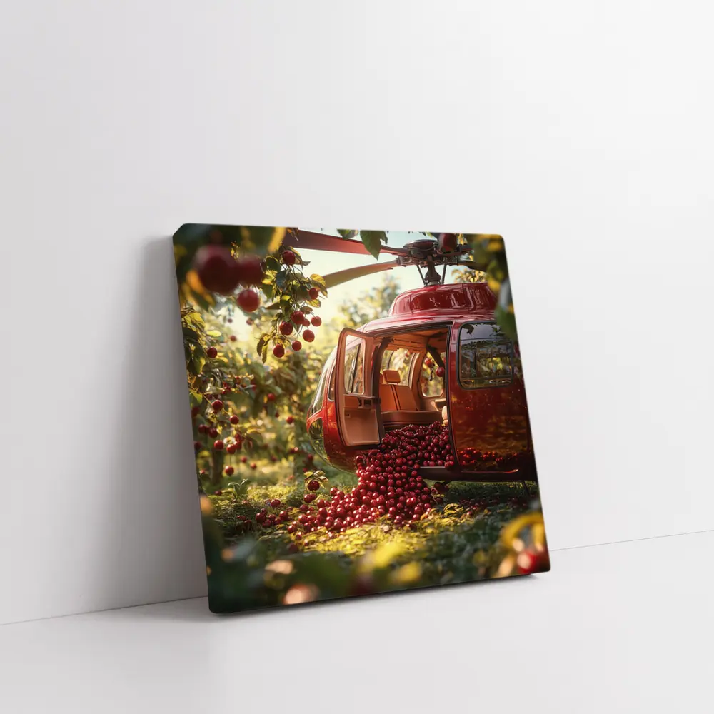 Red Helicopter Overflowing With Cherries Orchard – Wall Art