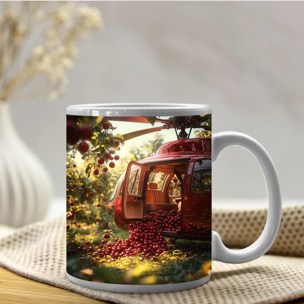 Red Helicopter Overflowing With Cherries Orchard – Mugs