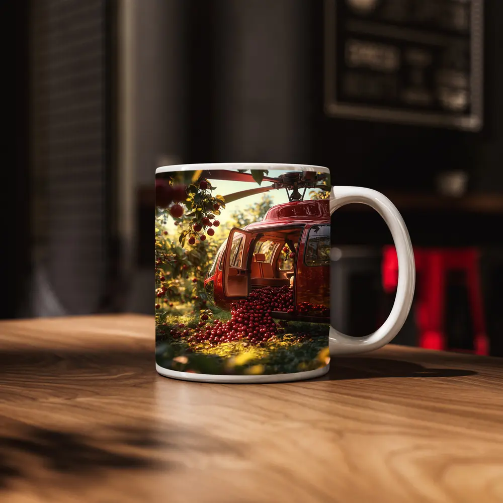 Red Helicopter Overflowing With Cherries Orchard – Mugs