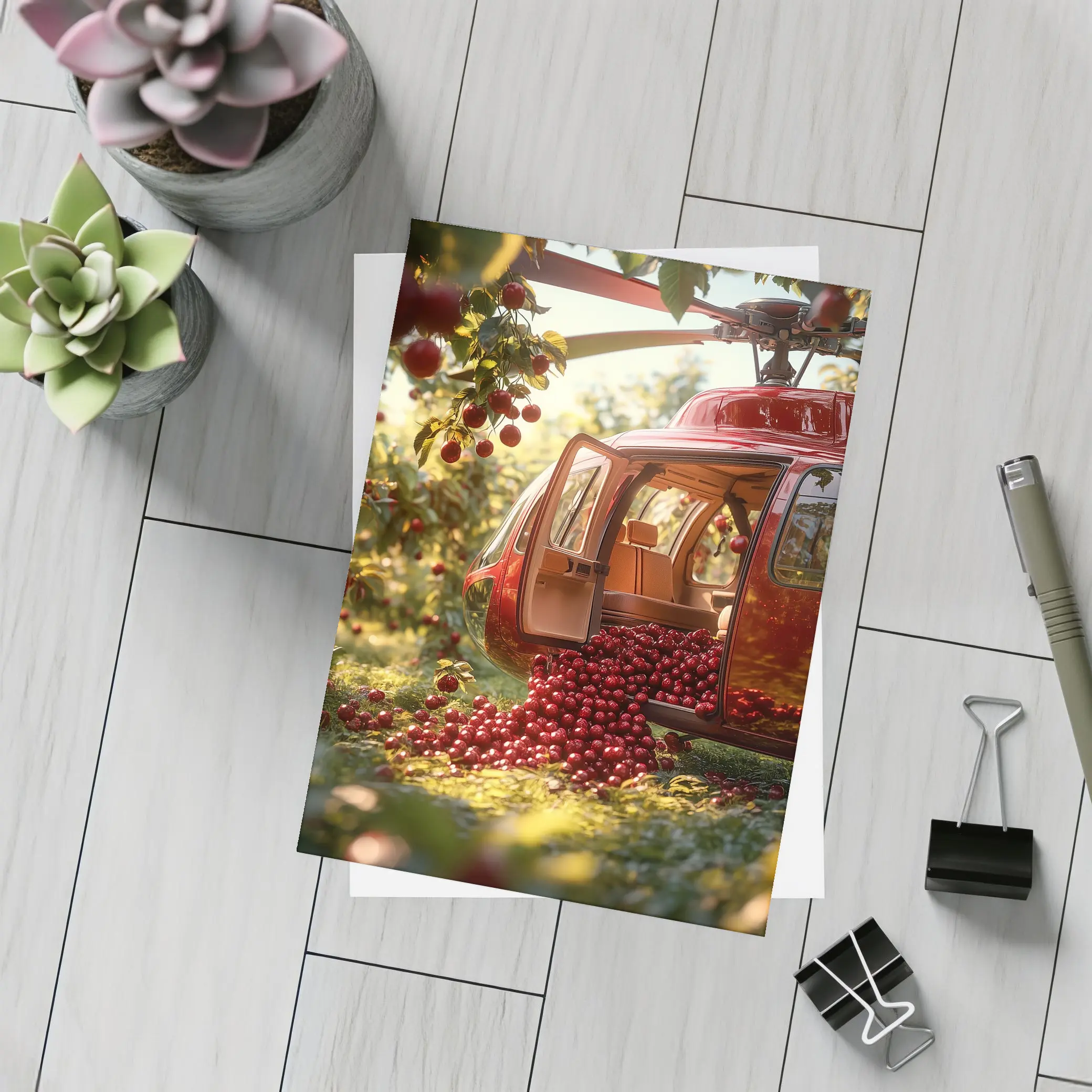 Red Helicopter Overflowing With Cherries Orchard – Postcards