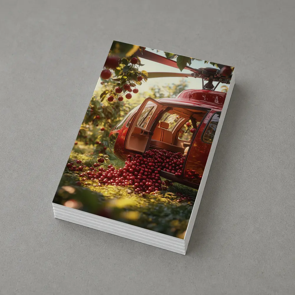 Red Helicopter Overflowing With Cherries Orchard – Postcards