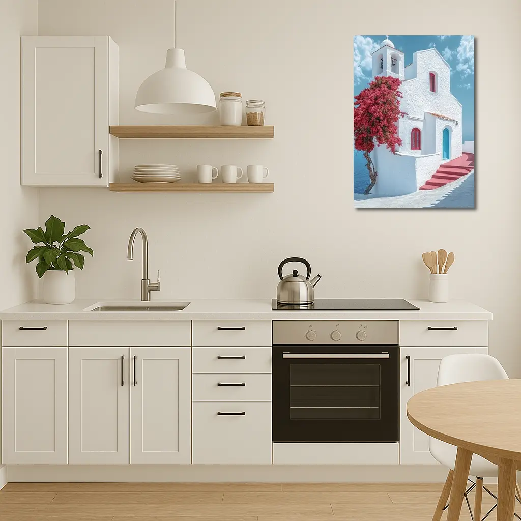 White Greek Church Red Bougainvillea Sea View – Wall Art