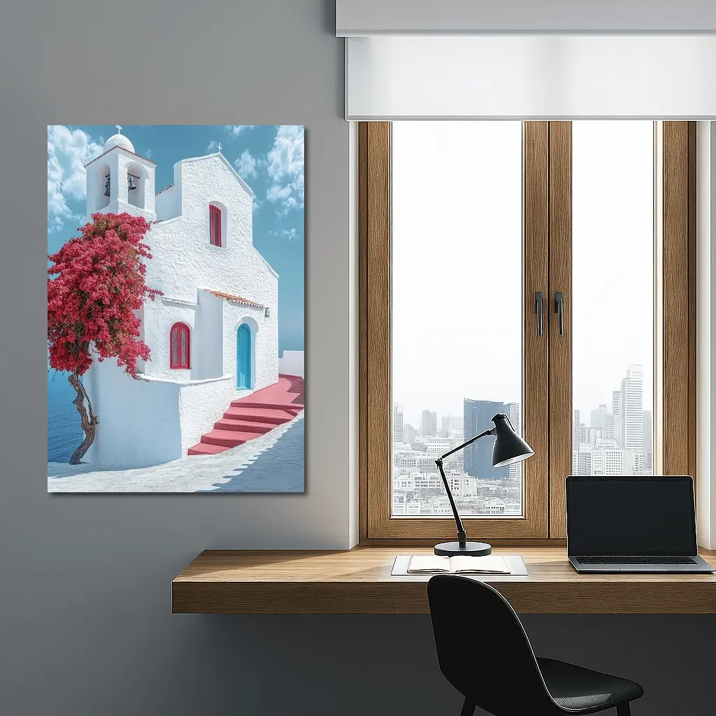 White Greek Church Red Bougainvillea Sea View – Wall Art