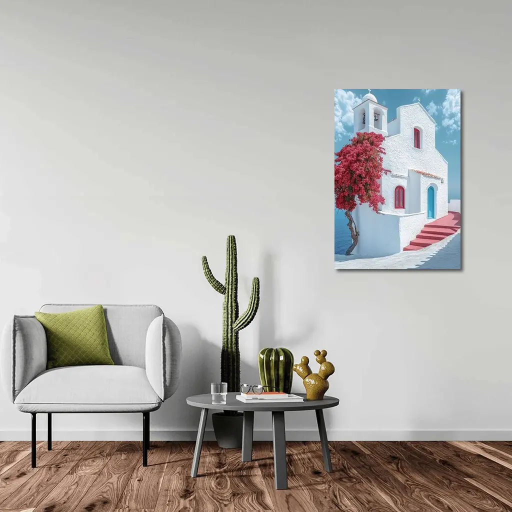 White Greek Church Red Bougainvillea Sea View – Wall Art