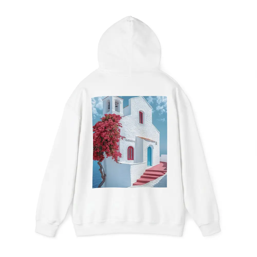White Greek Church Red Bougainvillea Sea View – Hoodies