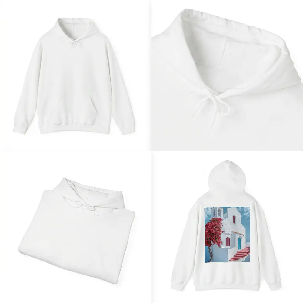 White Greek Church Red Bougainvillea Sea View – Hoodies