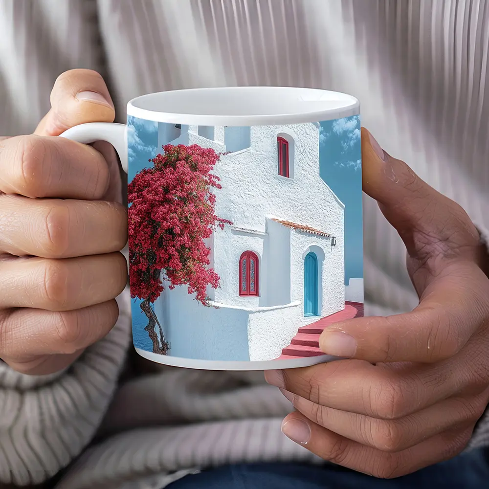 White Greek Church Red Bougainvillea Sea View – Mugs