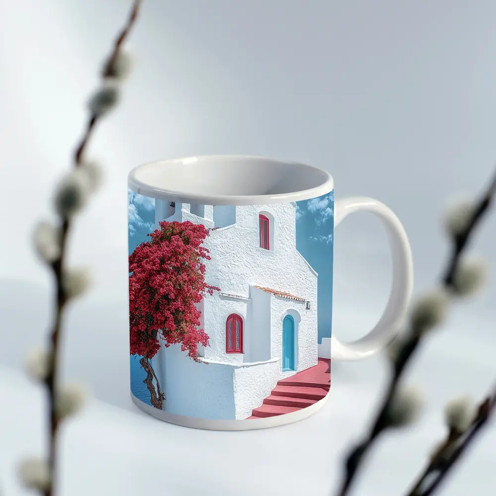 White Greek Church Red Bougainvillea Sea View – Mugs