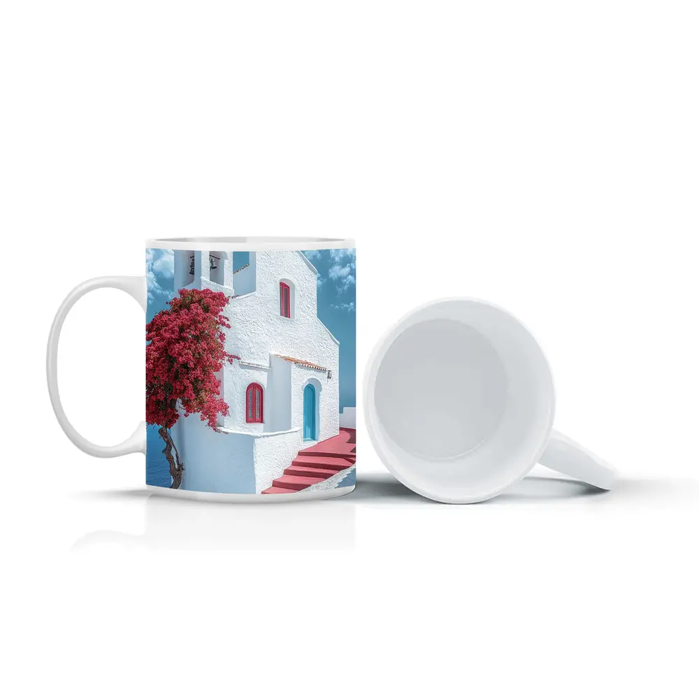 White Greek Church Red Bougainvillea Sea View – Mugs