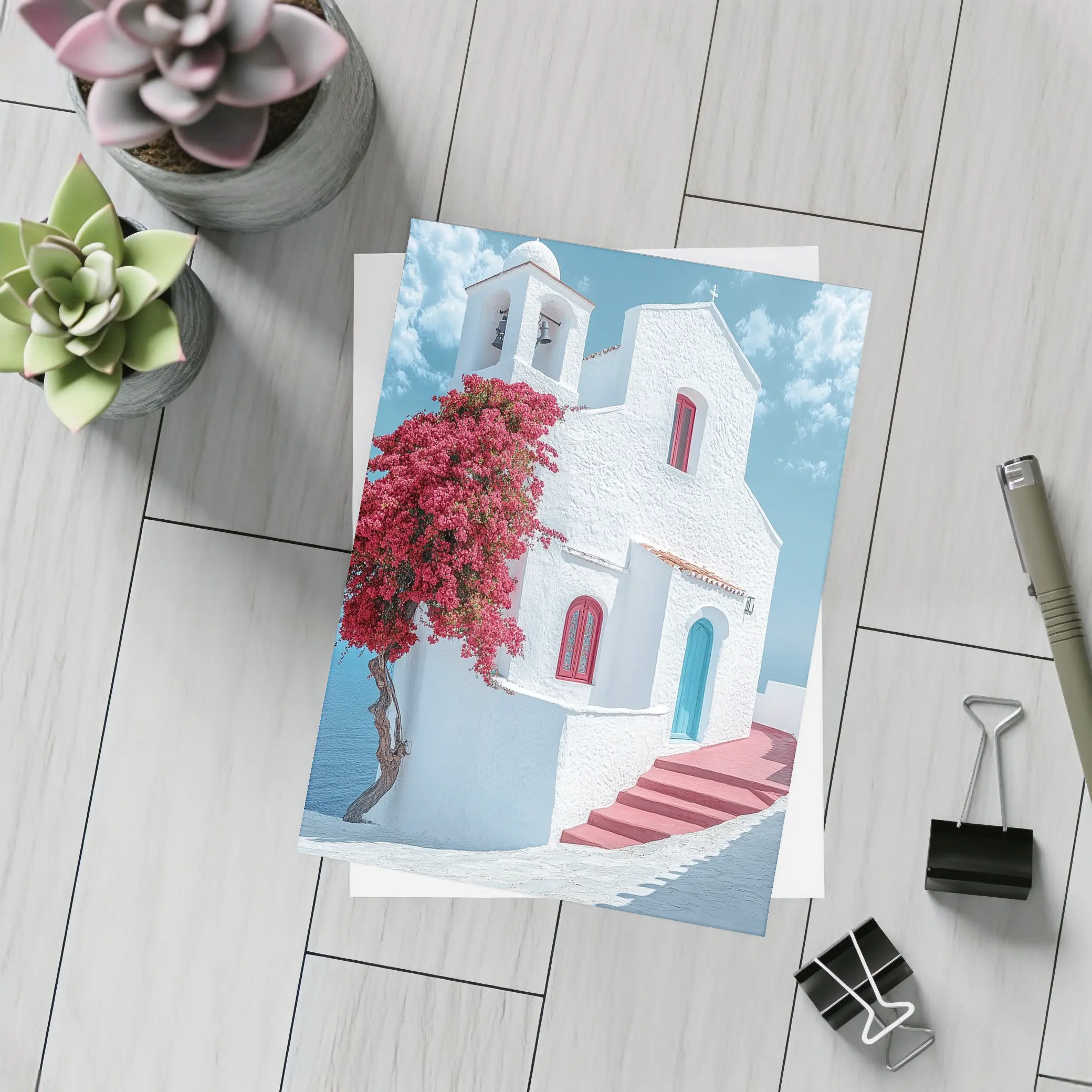 White Greek Church Red Bougainvillea Sea View – Postcards