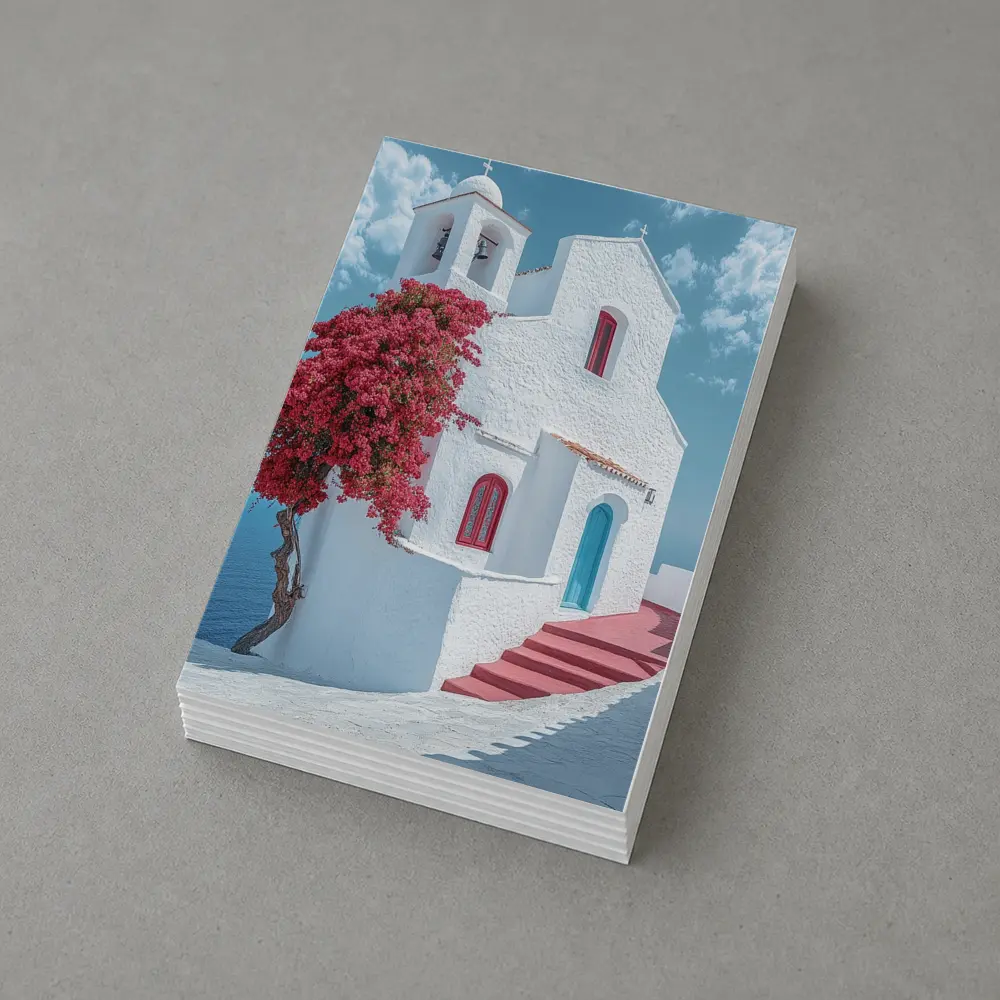 White Greek Church Red Bougainvillea Sea View – Postcards