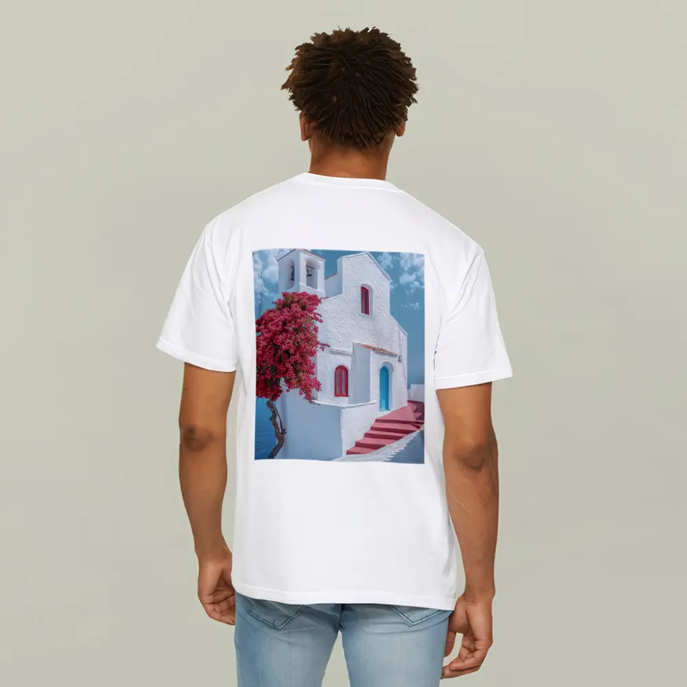 White Greek Church Red Bougainvillea Sea View – T-Shirts