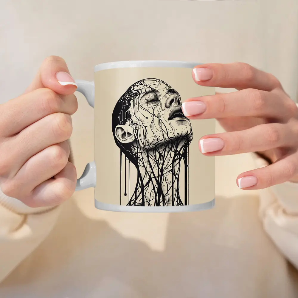Ink Dripping Face Beige Abstract Art – Mugs