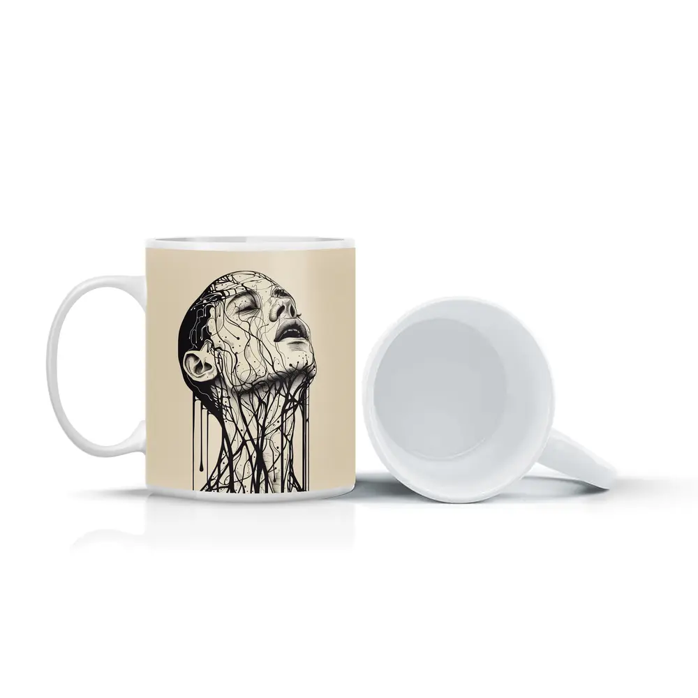 Ink Dripping Face Beige Abstract Art – Mugs