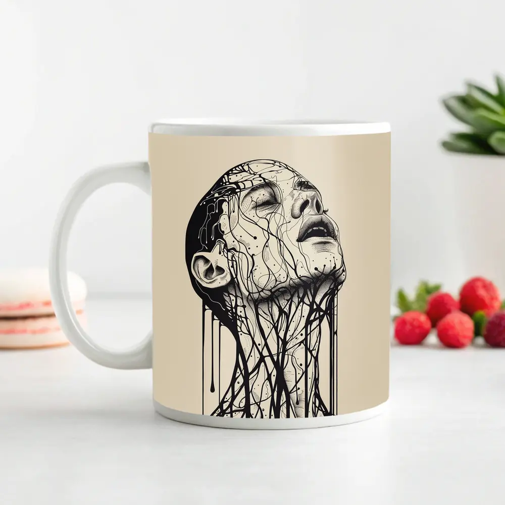 Ink Dripping Face Beige Abstract Art – Mugs