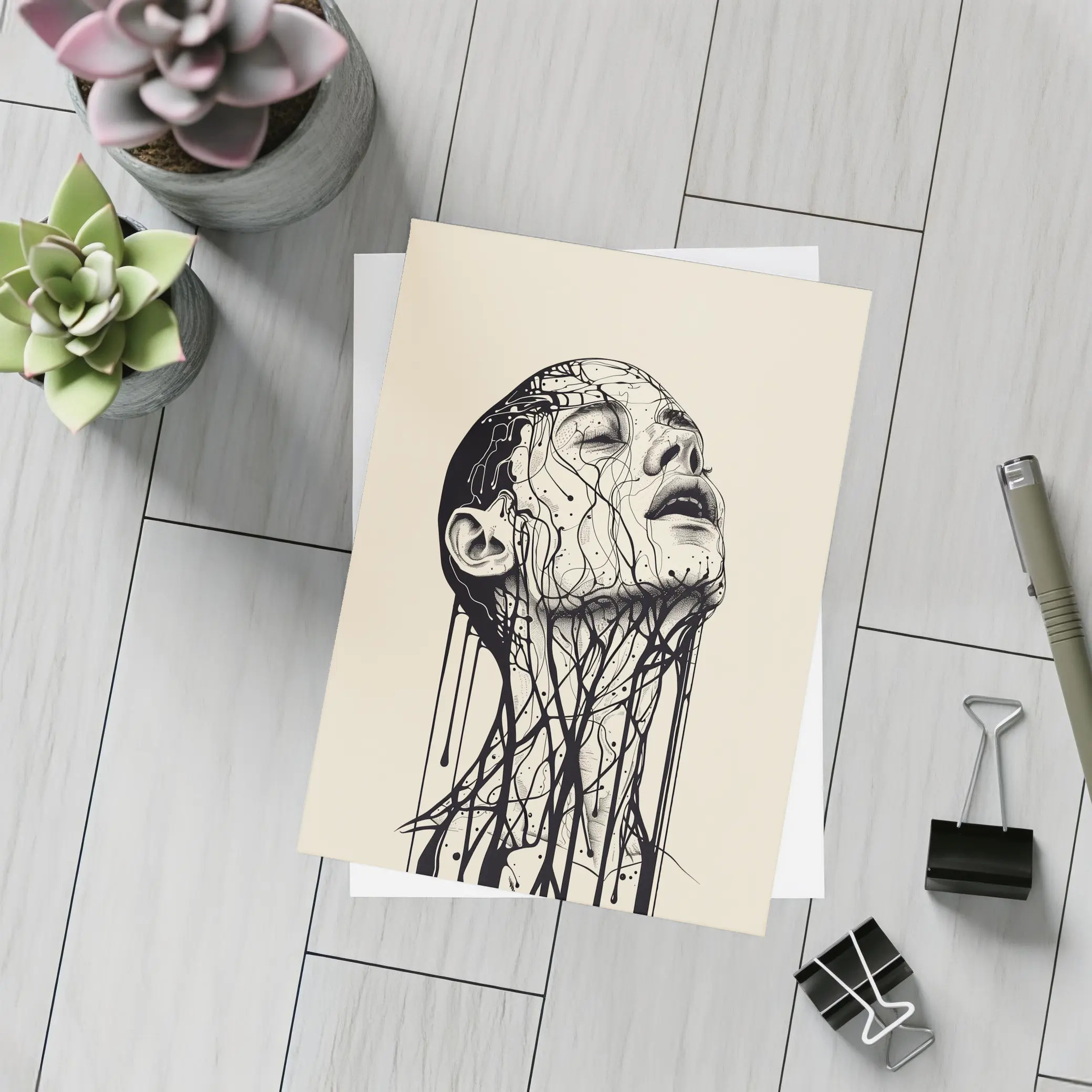 Ink Dripping Face Beige Abstract Art – Postcards