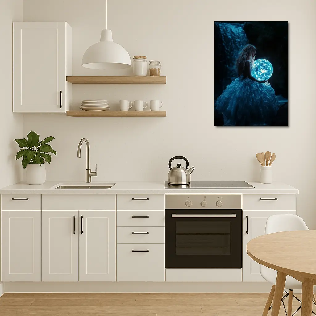 Girl Holding Glowing Moon By Waterfall – Wall Art