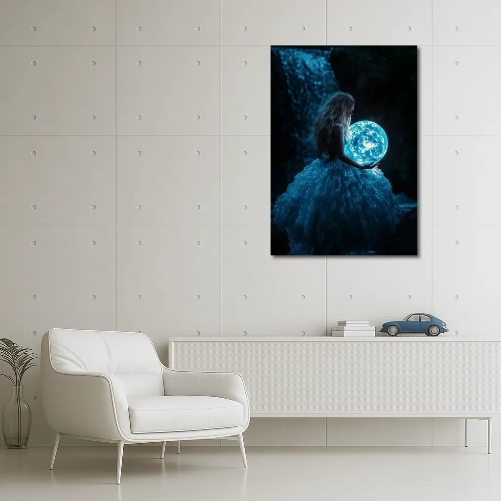 Girl Holding Glowing Moon By Waterfall – Wall Art